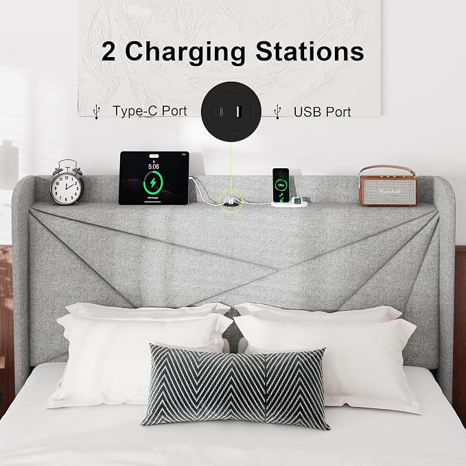 Feonase Full Bed Frame with Charging Station, Linen Upholstered Platform - Image 3