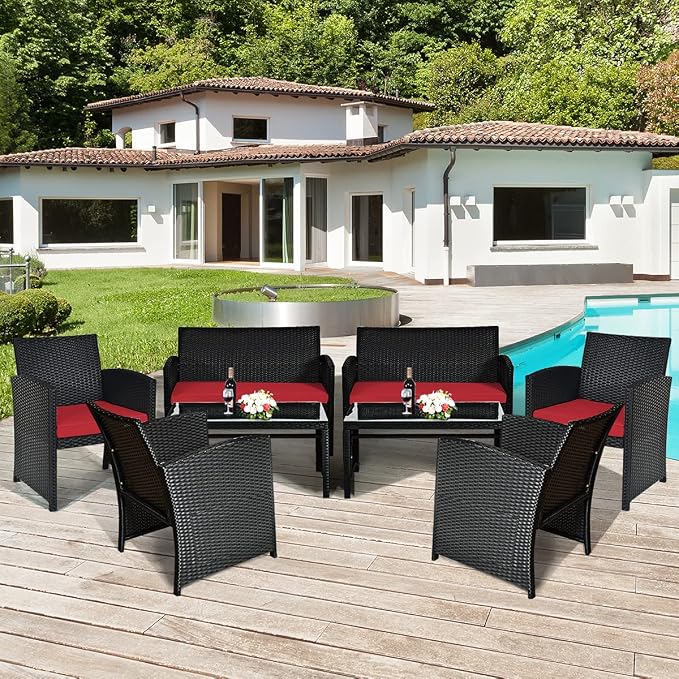 Tangkula Patio Wicker Conversation Furniture Set, Patiojoy Sofa & Table Set w/4 - Image 2