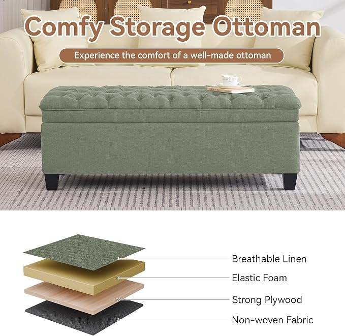 WUTUTUEE 50" Fabric Storage Ottoman Bench, Upholstered Rectangle End of Bed - Image 5