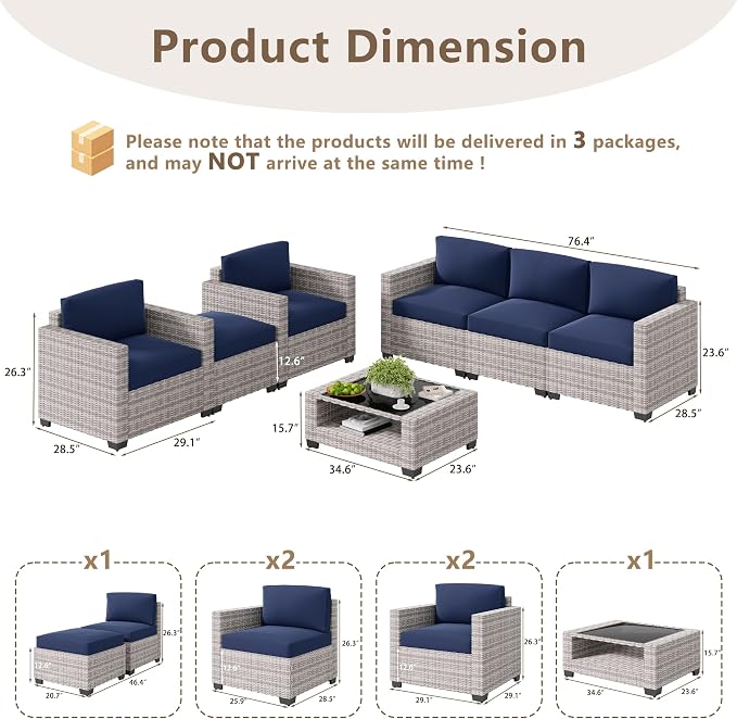 LOUVIXA 7 Piece Outdoor Patio Furniture Set, Rattan Chairs Glass Table Wicker - Image 2