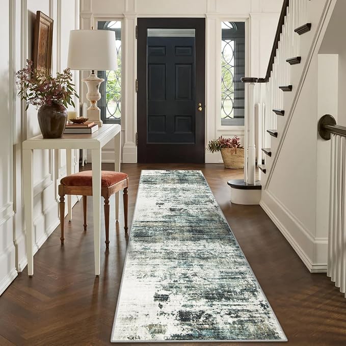 2'6''x8' Runner Rugs Washable Rug:Modern Abstract Hallway Teal Green Carpet | - Image 4