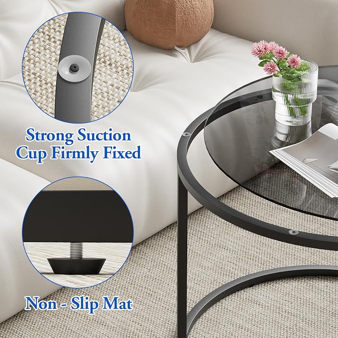 aboxoo Nesting Coffee Table Grey Glass Table Set of 2, Small Round Glass - Image 4