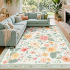 RELEANY Floral Washable 8x10 Area Rugs Beige/Green | Flower Carpet Print Boho by RELEANY