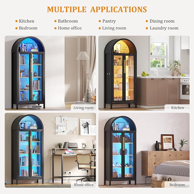 HWB Display Curio Cabinet with Glass Doors, Arched Bookcase 5-Tier Tall Storage - Image 7