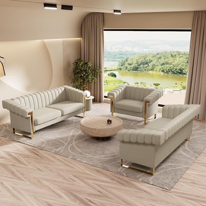 Mid-Century Modern Beige Velvet Single Sofa - Image 6