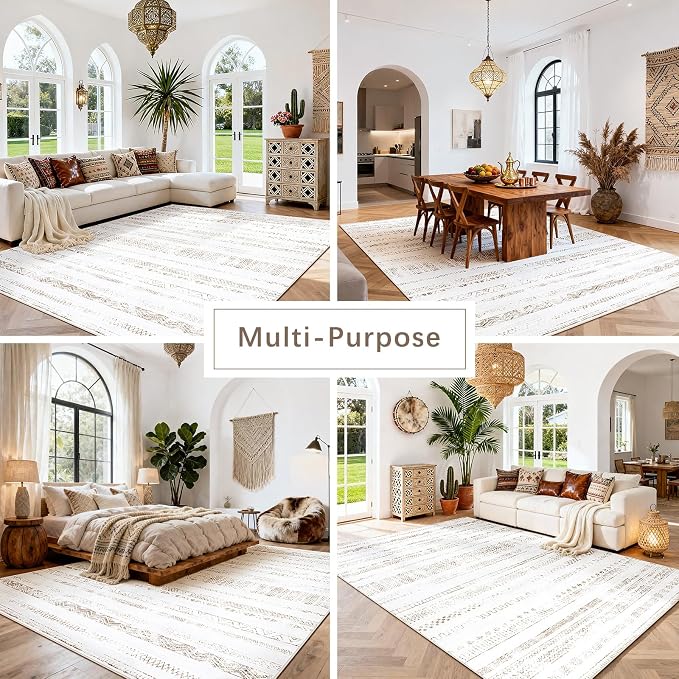 8x10 Washable Area Rugs for Living Room, Dining Room- Morocco White | Boho - Image 5