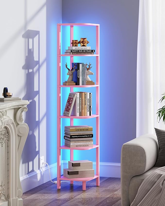 TUTOTAK Corner Shelf with LED Light, 6-Tier Corner Bookshelf - Image 7