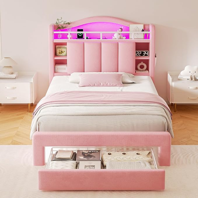 Twin LED Bed Frame with Storage Headboard & 2 Storage Drawers, Princess Velvet - Image 3