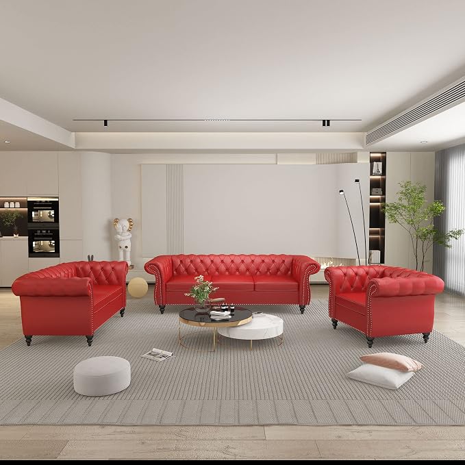 ORRD 3 Pieces Living Room Set, Chesterfield Sofa Faux Leather Loveseat Couch - Image 8