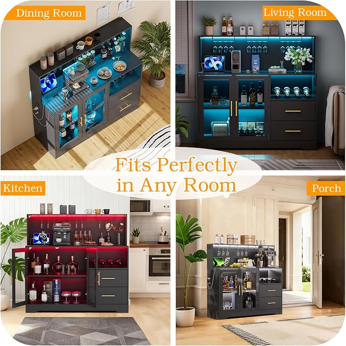 Home Bar Cabinet with Adjustable RGB LED Light, Wine & Coffee Storage with Rack - Image 7