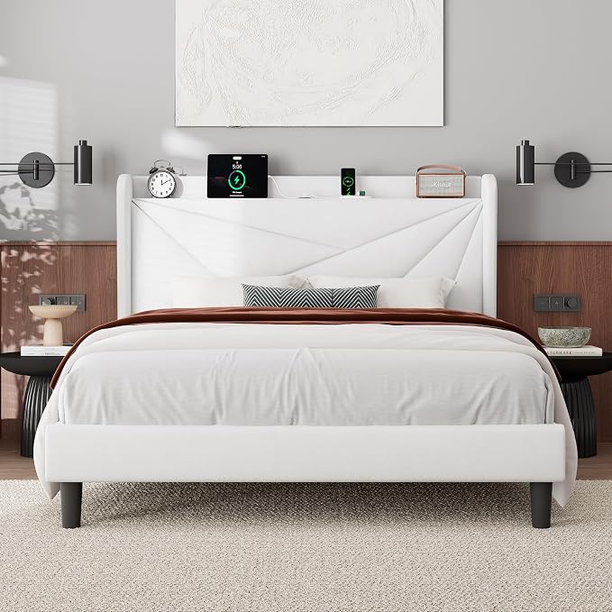 Feonase Full Bed Frame with Charging Station, Velvet Upholstered Platform by FEONASE
