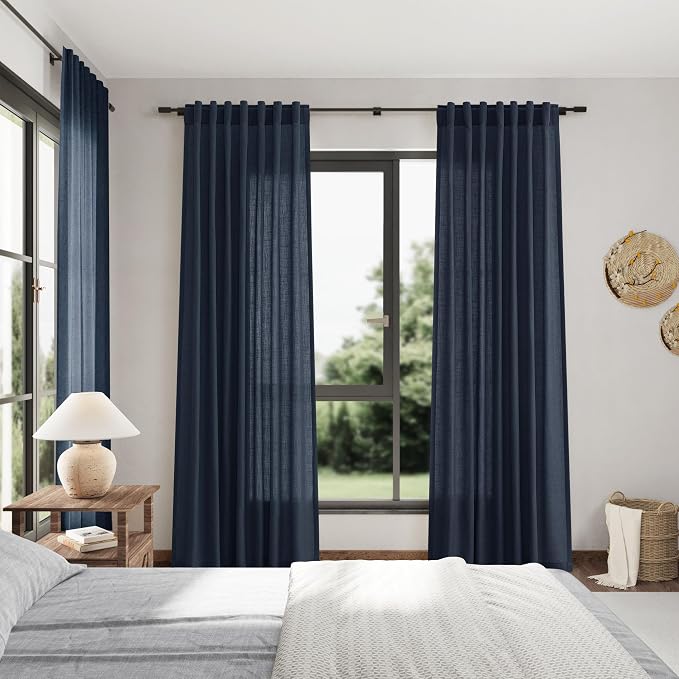 Vintage Blue Linen Curtains 84 Inch Length 2 Panels Set - Image 7