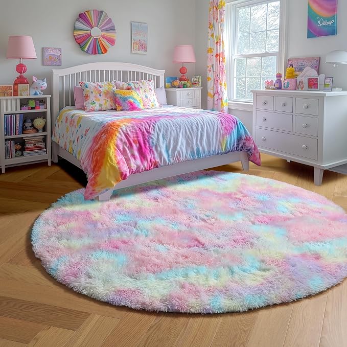 Amdrebio Rainbow Big Round Furry Area Rug 7Ft - Image 5