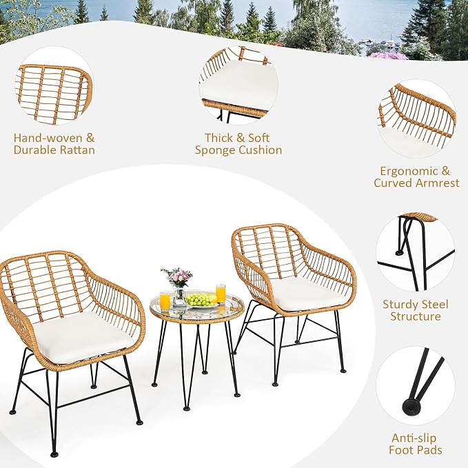 Tangkula 3 Pieces Patio Bistro Set, Rattan Conversation Set - Image 6