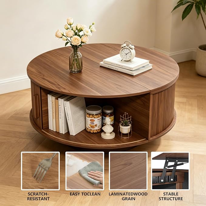 Round Lift Top Coffee Table, Mid Century Modern Fluted Circle Coffee Table - Image 6
