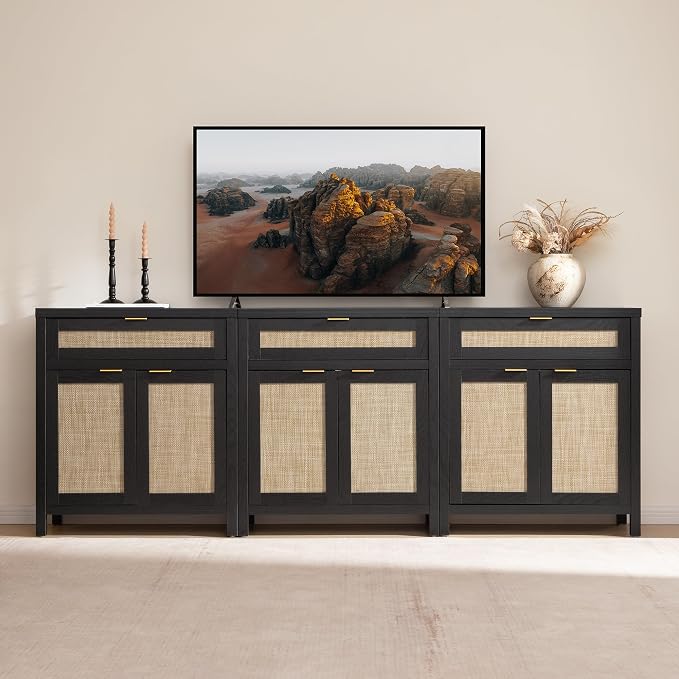 SICOTAS Sideboard Buffet Storage Cabinet Set of 3, Rattan Credenza Buffet Table - Image 3