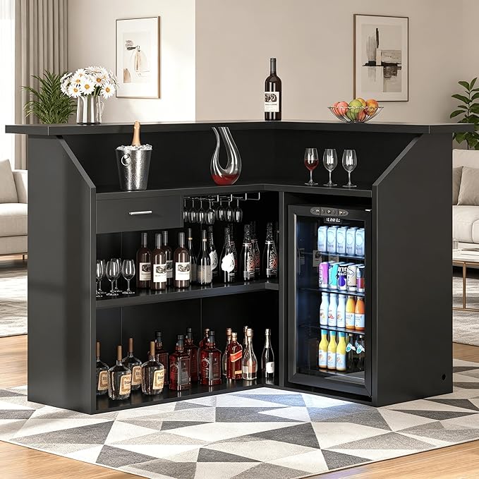 L-Shaped Home Bar Unit with Power Outlet, 4-Tier Corner Liquor Bar Cabinet with by SAHISTCT