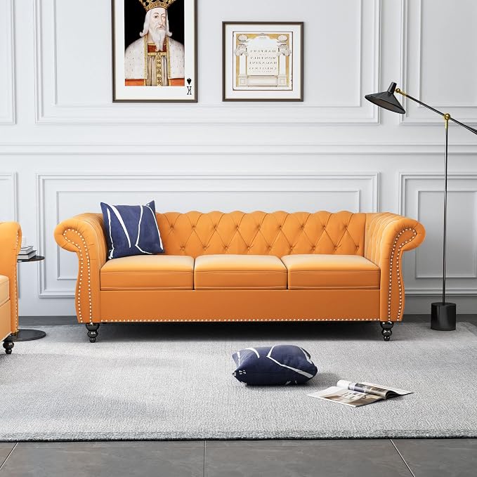 ORRD 2 Piece Living Room Set, Velvet Chesterfield Sofa Loveseat Couch - Image 3
