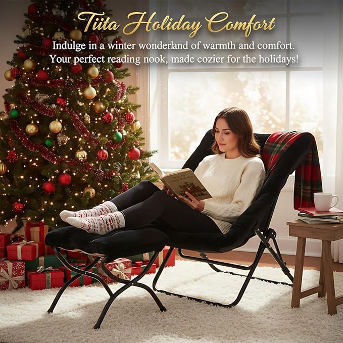 Tiita Folded Chair with Ottoman, Soft Faux Fur Oversized Folding Accent Chair - Image 3