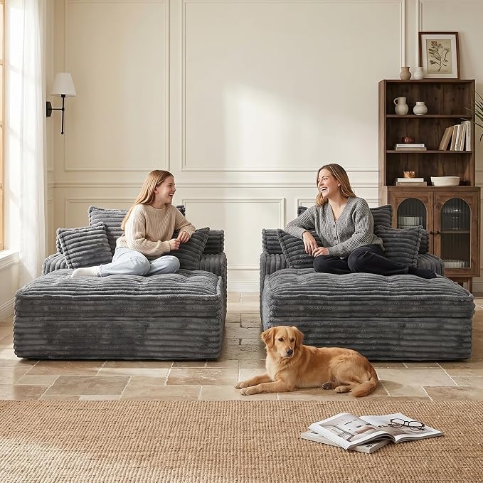 Boneless Chaise Lounge Couch Indoor, Oversized Corduroy Upholstered Sofa Bed - Image 6