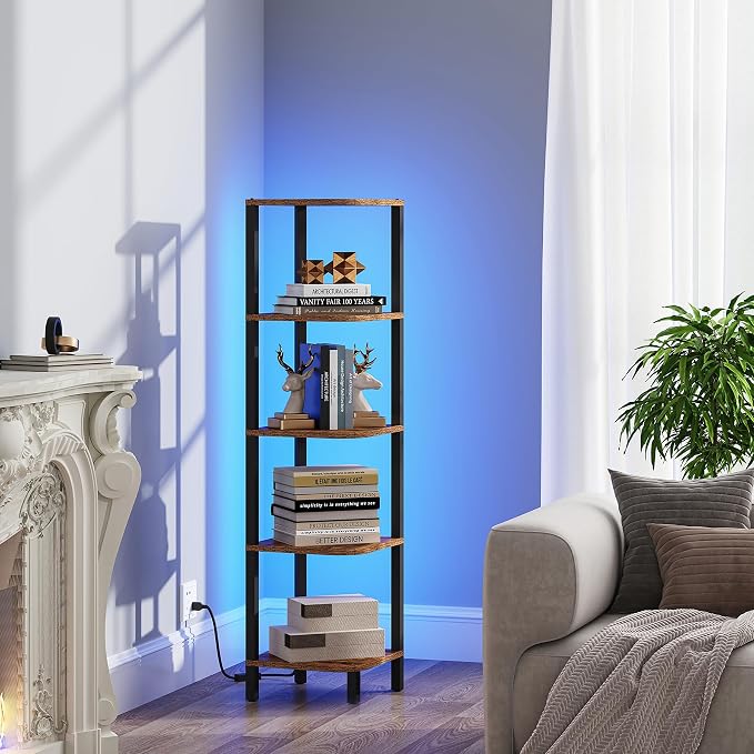 TUTOTAK Corner Shelf with LED Light, 5-Tier Corner Bookshelf - Image 8
