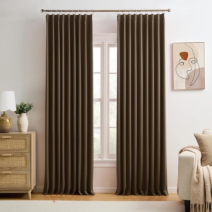 Brown Pinch Pleated 60 Inch Wide Curtains 60 x 90, Thermal Insulated Noise by KEQIAOSUOCAI