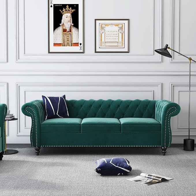 2 Piece Living Room Set, Velvet Chesterfield Sofa Couch Chair - Image 3