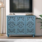 JOINICE Accent Cabinet with 3 Carved Doors, Distressed Blue Sideboard Buffet - Image 6