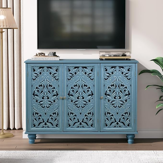 JOINICE Accent Cabinet with 3 Carved Doors, Distressed Blue Sideboard Buffet - Image 6