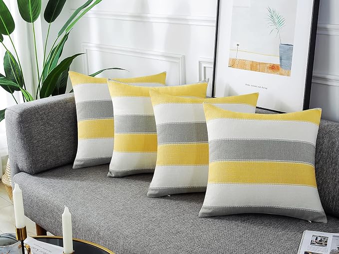 AmHoo Pack of 2 Farmhouse Stripe Check Throw Pillow Covers Set Case Cotton - Image 3