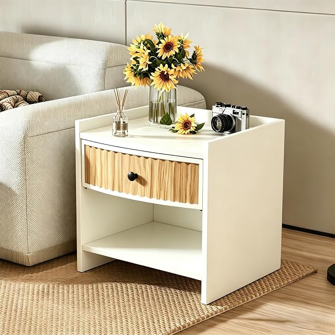 Wooden Nightstand with Drawer and Open Storage Shelf, Curved Front Bedside Table - Image 5