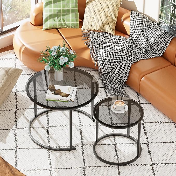 aboxoo Nesting Coffee Table Grey Glass Table Set of 2, Small Round Glass - Image 3