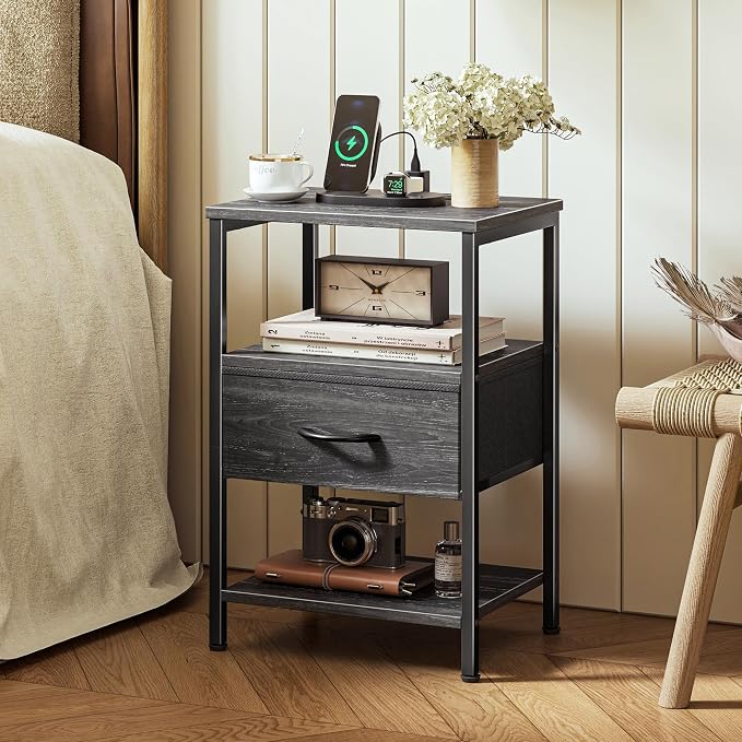 SUPERJARE Nightstand with Charging Station, Bed Side Table with Adjustable - Image 2