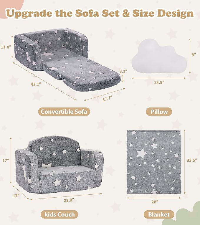 Kids Couch, 2-in-1 Soft Toddler Couch Fold Out - Image 3