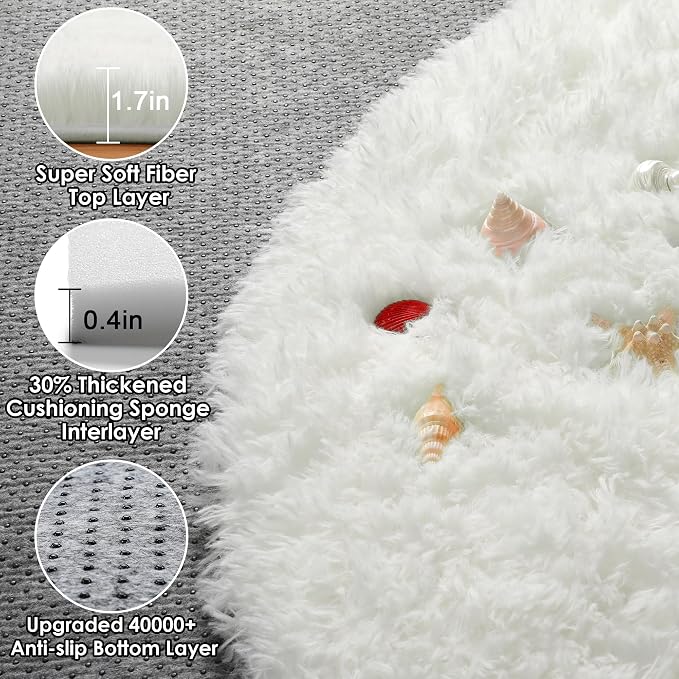 Cream White Round Area Rugs 6ft, Fluffy Soft Bedroom Circle Rug Floor Mat - Image 2