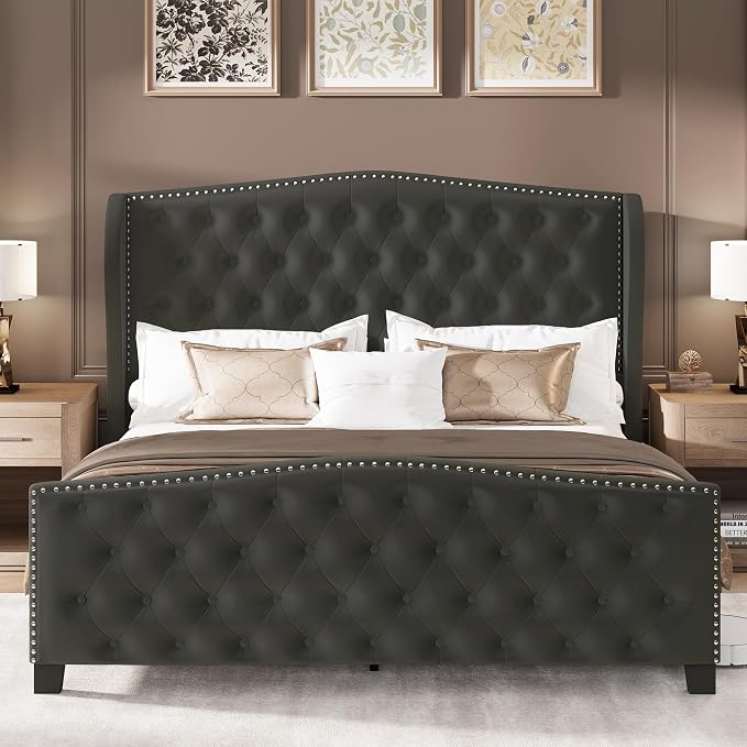 LARMACE Queen Size Bed Frame Velvet Upholstered Platform Bed - Image 7