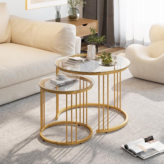Garden 4 you Nesting Coffee Table, 23.6" Round Coffee Table Set of 2, Glass - Image 3