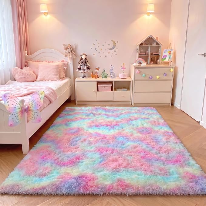 Rainbow Area Rugs for Living Room, 5x8 Fluffy Girls Bedroom Rug, Indoor Ultra - Image 6
