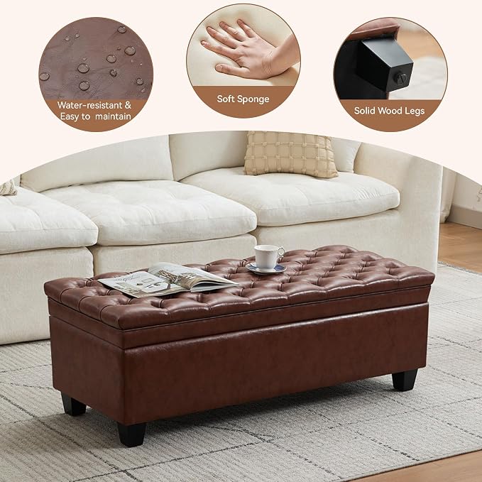 WUTUTUEE 50" Faux Leather Storage Ottoman Bench, Upholstered Rectangle End of - Image 4