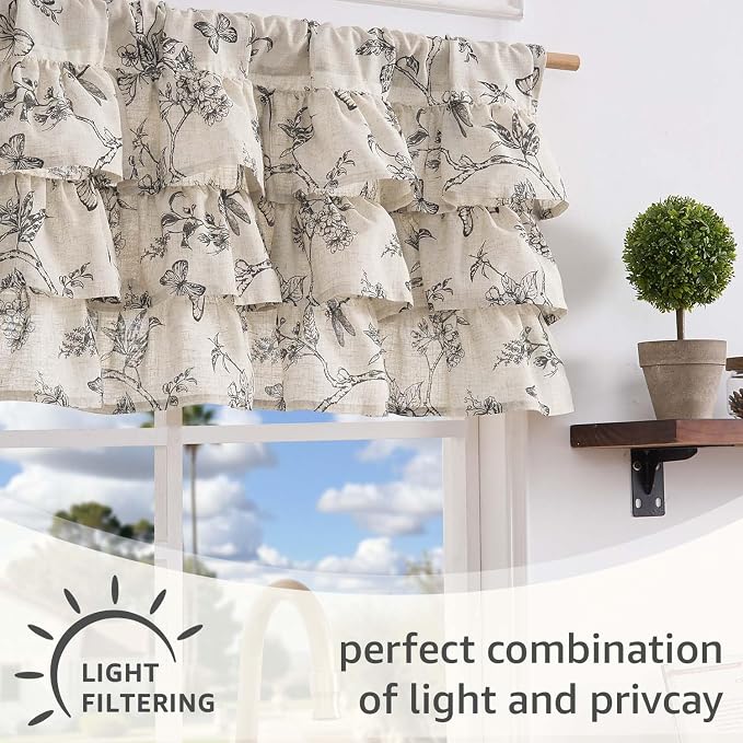 jinchan Ruffled Valance Curtain Linen Floral Kitchen Valance 18 Inch Shabby - Image 7