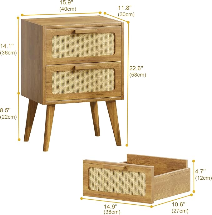 YAUKOMEL Rattan Nightstand, Wood End Table, Side Table - Image 3