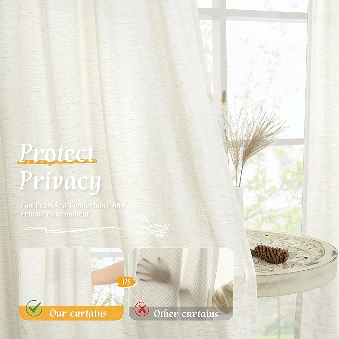 Natural Cream Linen Curtains for Living Room 72 Inch Length 2 Panels | Light - Image 5