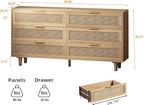 6 Drawer Double Dresser for Bedroom, Natural Rattan Modern Drawer Chest - Image 2