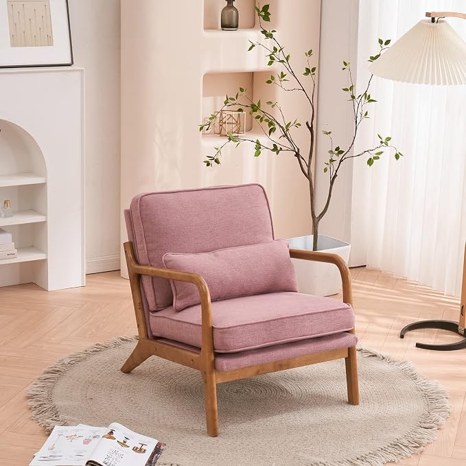 VINGLI Cozy Living Room Chairs, Linen Pink Accent Chairs Set of 2, Wood Lounge - Image 5
