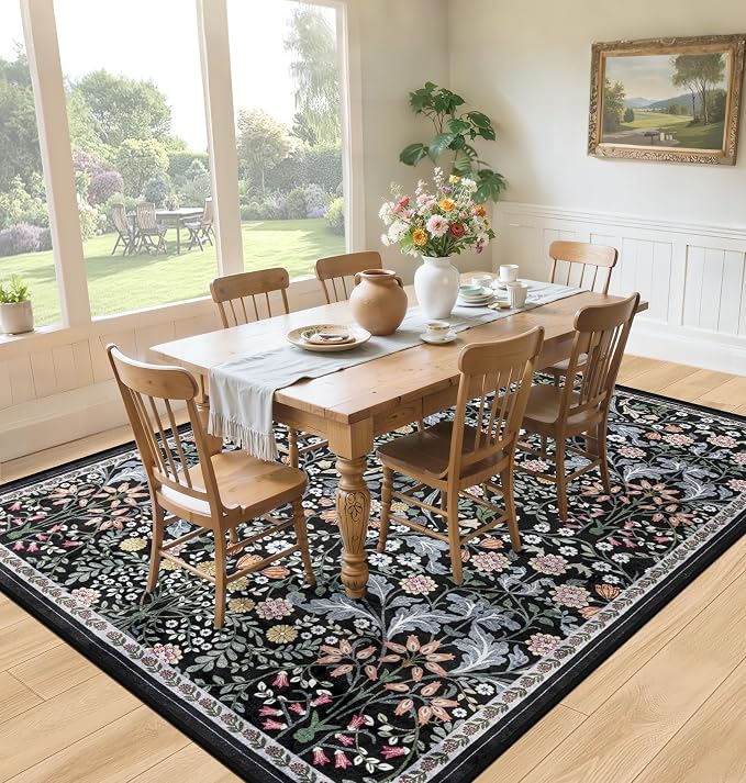PLHXFR Area Rug Living Room: 5x7 Floral Washable Boho Carpet Dark Black | - Image 4