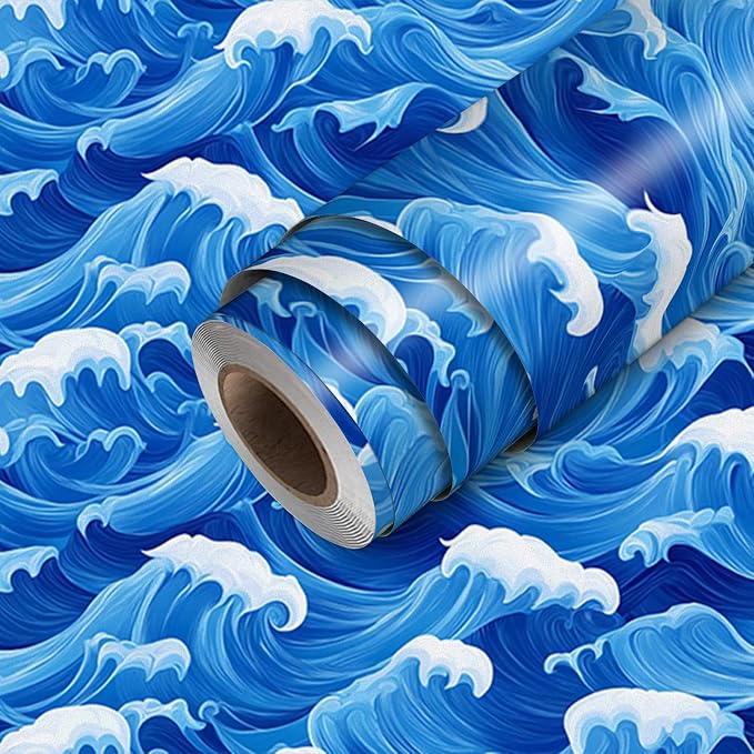 HOMETITUTE Ocean Blue Wave Pattern Wallpaper Peel and Stick Self Adhesive Vinyl by HOMETITUTE