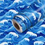 HOMETITUTE Ocean Blue Wave Pattern Wallpaper Peel and Stick Self Adhesive Vinyl by HOMETITUTE
