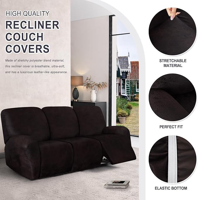 ANARACHON Leather Look Recliner Couch Cover, 8-Pieces Stretch Recliner Sofa - Image 4
