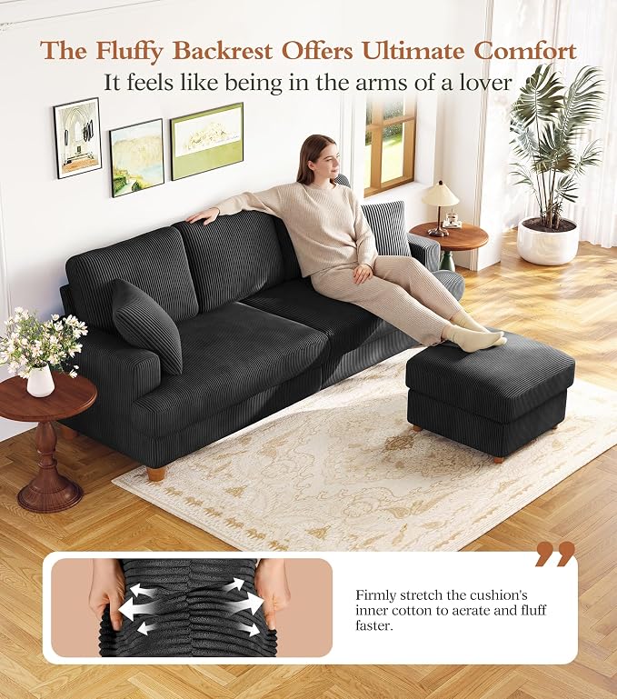 87" L shape Corduroy Couch, Sofa No Tool Assembly, Comfy Couches - Image 4
