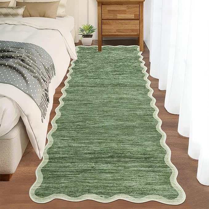 GarveeHome Scalloped Washable Runner Rug 2x6 Runner Abstract Modern Green | by GarveeHome